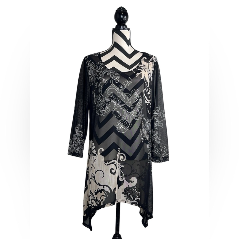 Travelers by Chico's Sz 3 Sheer Mesh Boho Chic Y2K Asymmetrical Tunic Top